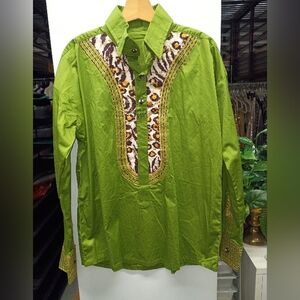 Green Button-Up Shirt with Animal Print Accents